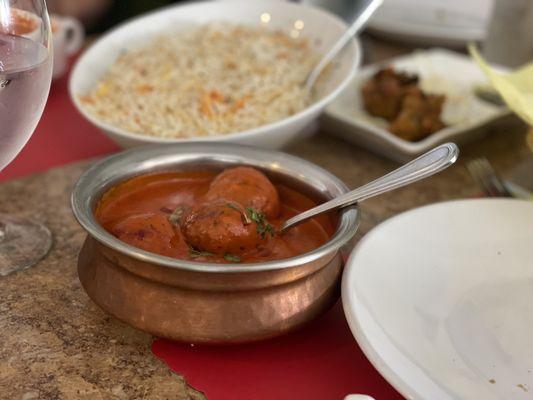 Mali Kafta (I've probably spelled it wrong) with jasmine rice. Veggie pakora in the background.