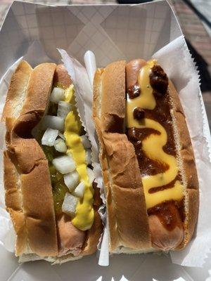 Mustard, Onion and Relish Dog and Chili Cheese Dog