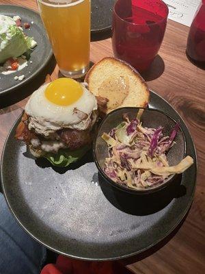 Bison pub burger with an egg. Wisco Amber beer. Coleslaw.