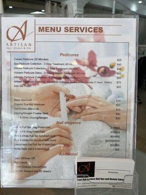 Service menu at the front of the shop