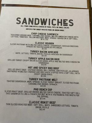 Sandwich menu