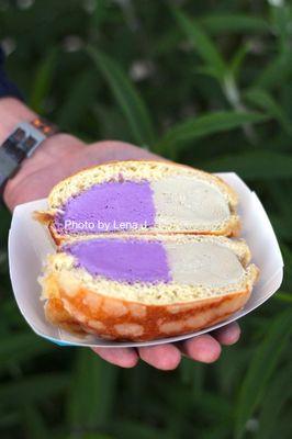 Milkbomb Sandwich ($9) - Hojicha and Ube Cookie Butter Ice Cream on Concha