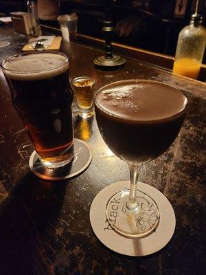 Espresso martini and a beer and a shot