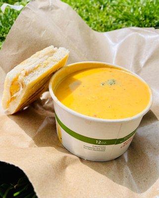 Chicken Cheddar Fig Sandwich (no fig jam) and Broccoli Cheddar Soup