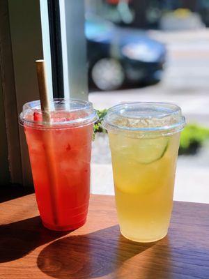 Strawberry Green Tea and Kumquat Lemon Lime Green Tea with clear boba