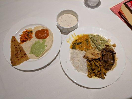 Mysore dal, avial, eggplant kulambu, tindola, puri, paratha, medu vada, coconut chutney, onion chutney, gajar marcha, papad, payassam.