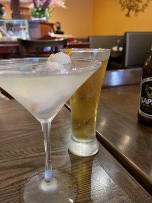 Lychee tini and Sapporo