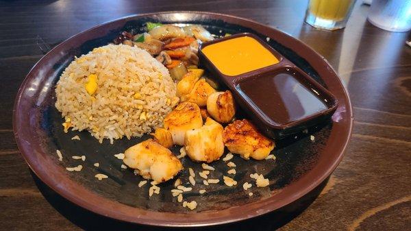 Hibachi Scallop Lunch with salad, veggies and fried rice. Delicious!