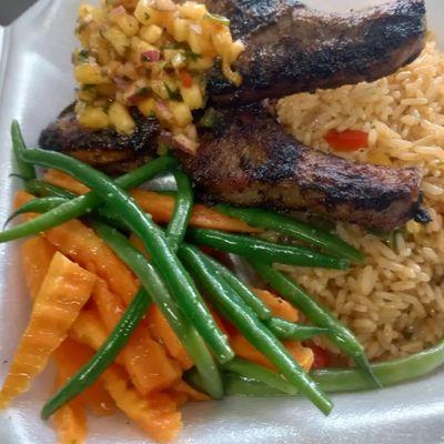 Jerk Pork chops, Tropical fruit rice with carrots and green beans