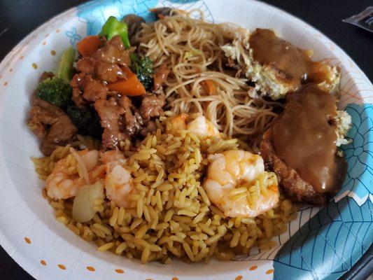 Beef and broccoli, chicken mei fun, shrimp egg foo young, shrimp fried rice.