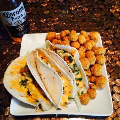 Blackened catfish tacos with fried okra