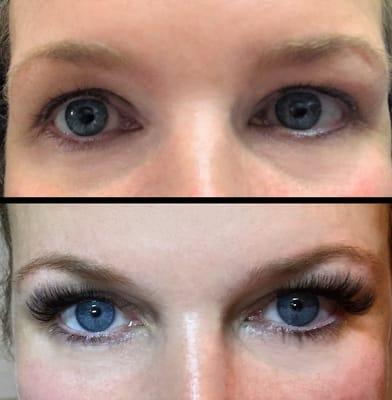 Before and after dramatic full set of volume lash extensions - Lashes by Julie