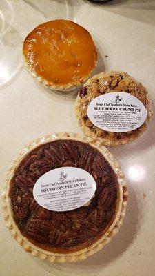 Sweet Potato Pie, blueberry crumb pie, southern pecan pie