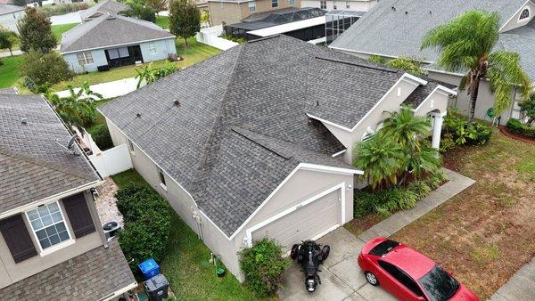 Aerial photo of a roof replacement completed by Steadfast Roofing...the best roofing company in Ruskin, FL.