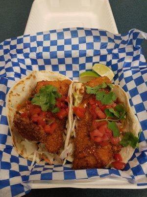 Fish tacos. They have a good size filet of fish in each one.