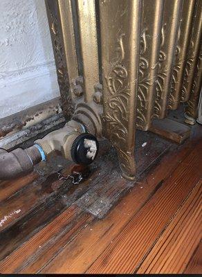 Damaged floor from a radiator that constantly leaks water.