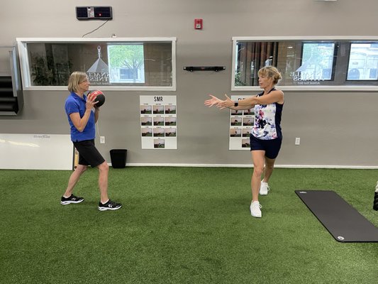 Medicine Ball Tosses with twist can really improve rotary power in the core. Great for Golfers!