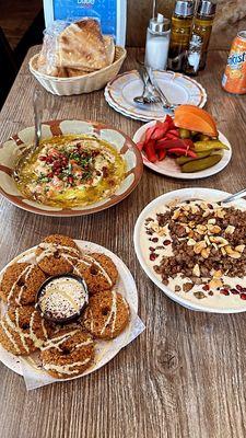 Syrian style breakfast food: Falafel plate (half doz) Foul with oil  Fateh with meat