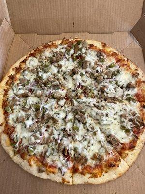 The New Yorker- pepperoni, sliced Italian sausage, red onion, meatballs, green peppers, and mushrooms