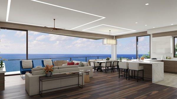 Ocean front Diamond Head, private residence. Open interior living, dining and kitchen faces ocean front views.