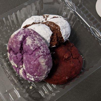 Ube crinkle cookie, chocolate crinkle cookie, and red velvet crinkle cookie