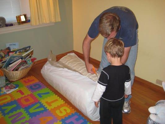 right out of the box - cutting open the compressed mattress