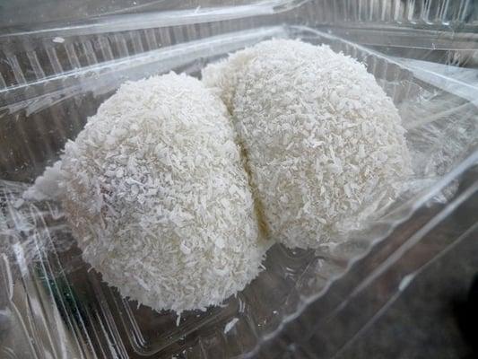 Coconut mochi with red bean paste.