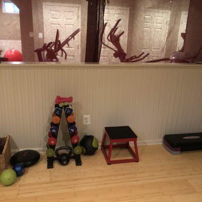 Workout area with weights and plyo box