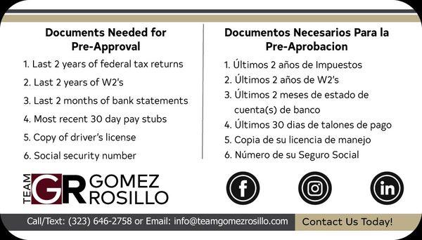 Required documents for a mortgage loan pre-approval.