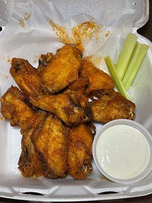 Buffalo wings comes with bleu cheese dip and celery sticks