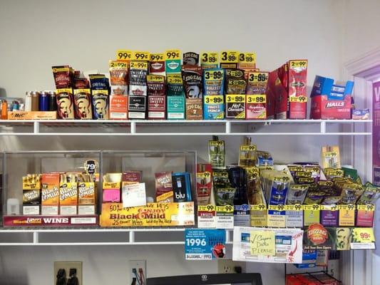 Great selection of smokeless tobacco and cigarillos.