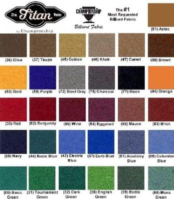 color chart .  cloth colors to choose from.