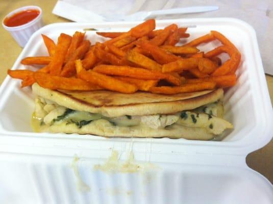 Tuscan Chicken Grilled Panini with Sweet Potato Fries on the Side