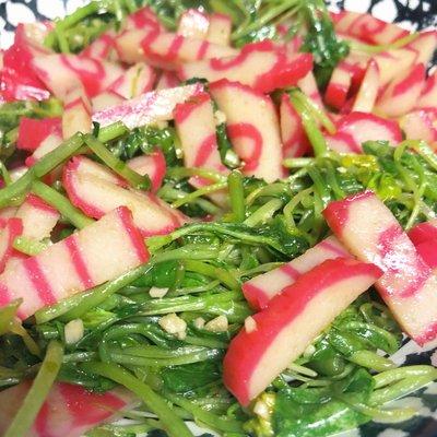 Kamaboko watercress stir fry with garlic, sesame oil, oyster sauce, and shoyu!