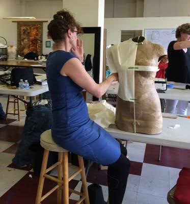 Learning to drape on her own dress form in Jan Bone's class. Join us June 11 & 12, 2016.