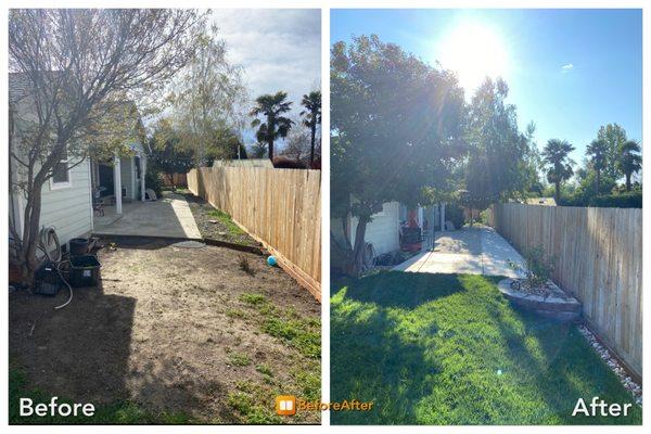 Before and afterwards of our new backyard concrete patio addition