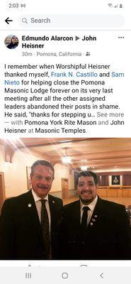 Bragging on bringing down the Pomona Masonic Lodge.