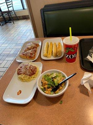 Lunch special (spaghetti with meat sauce and salad (add chicken $1) and a double slice of pizza for $5. Total was like $12