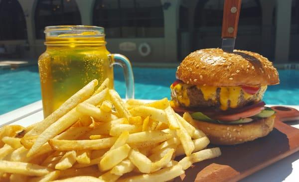 A Burger & Brew from the Country Bistro & Bar located inside of the Country Inn & Suites.