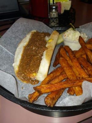 Coney Island Chili Dog and Sweet Potato fries :)