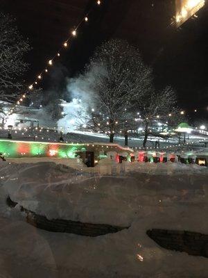 The view of the mountain and skating rink from the table is great