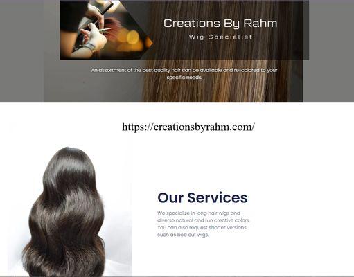 Image of the website Creations By Rahm, specializing in creating custom made wigs.