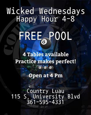 We open our tables every Wednesday free of charge.  Get your practice in and join us on Thursday for our BCA 8 Ball tournament at 9pm.