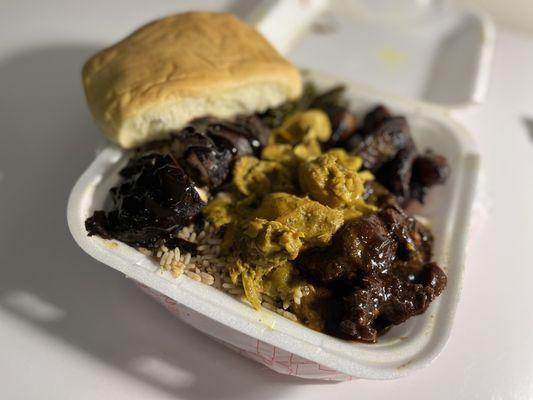 Chicken sampler (Jerk, Curry, Brown) with turkey collards, plantains and Coco bread.