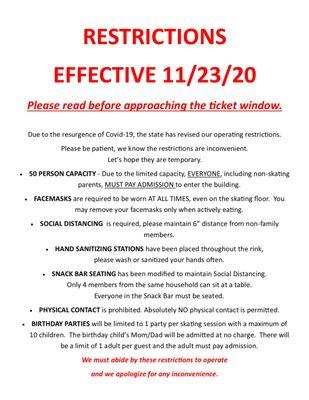 New Covid-19 restrictions effective 11/23/20.