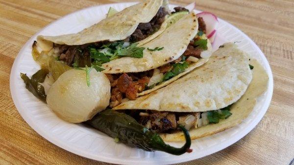 Tacos: carne asada, al pastor and carnitas