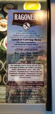 Deli menu, hours of operation, and contact info