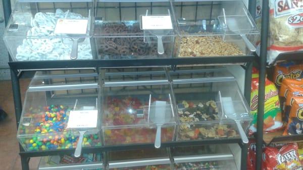 Pictured here (L to R): Yogurt covered pretzels, chocolate covered pretzels, plain peanuts, peanut M&Ms, gummy bears, and trail mix