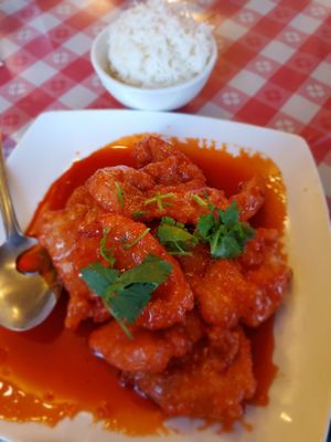 Sweet and sour pork chop with side of rice