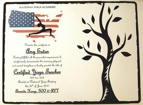 Yoga teacher certificate.